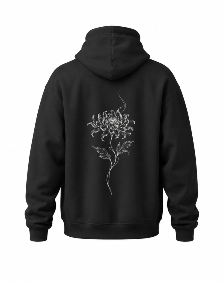 FRAGILE BLOOM Silver Chrysanthemum Oversize Hoodie – Siyah