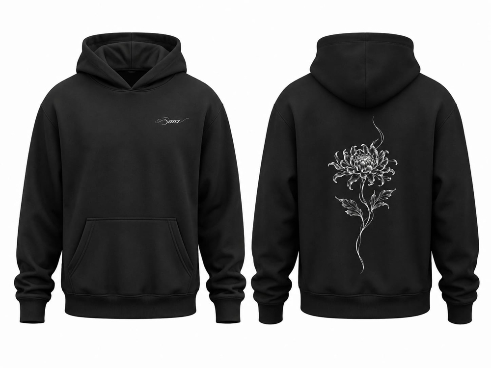 SANZ FRAGILE BLOOM Silver Chrysanthemum Oversize Hoodie – Siyah - FRAGILE BLOOM Detay