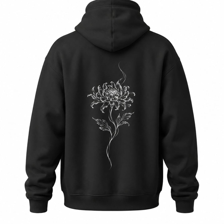 SANZ FRAGILE BLOOM Silver Chrysanthemum Oversize Hoodie – Siyah - FRAGILE BLOOM Model