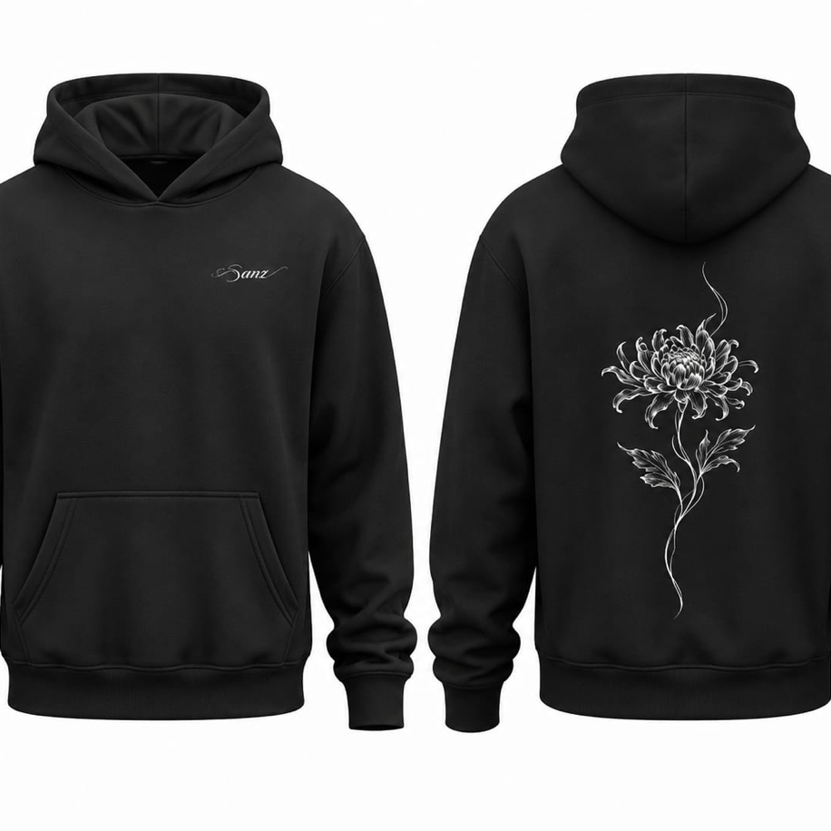 SANZ FRAGILE BLOOM Silver Chrysanthemum Oversize Hoodie – Siyah - FRAGILE BLOOM Gorsel 6