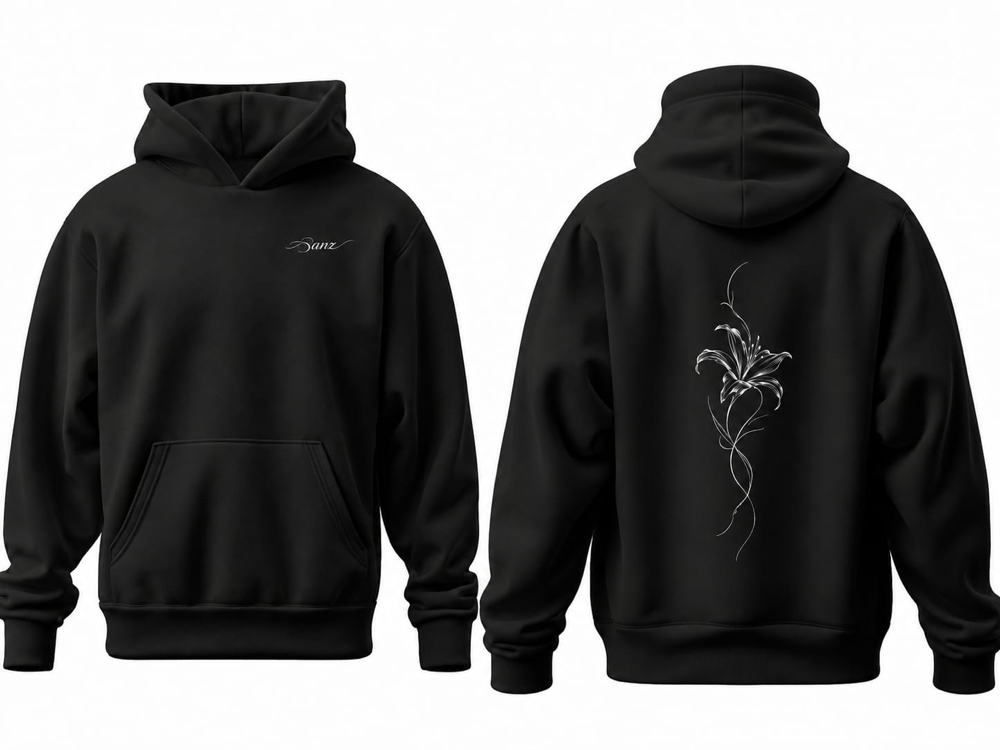 SANZ FRAGILE BLOOM Silver Lily Oversize Hoodie – Siyah - FRAGILE BLOOM Detay