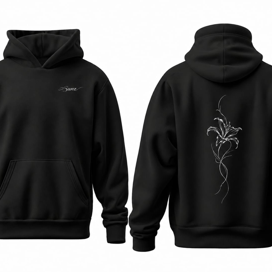 SANZ FRAGILE BLOOM Silver Lily Oversize Hoodie – Siyah - FRAGILE BLOOM Gorsel 6